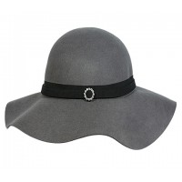 Hats – 12 PCS Big Brim Wool Felt Hats w/ Rhinestone Ring Band - Gray - HT-CC12-7GY